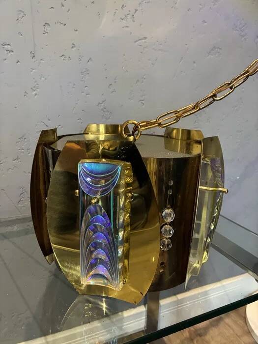 Vintage Brass Pendant Lamp Iridescent Murano Glass