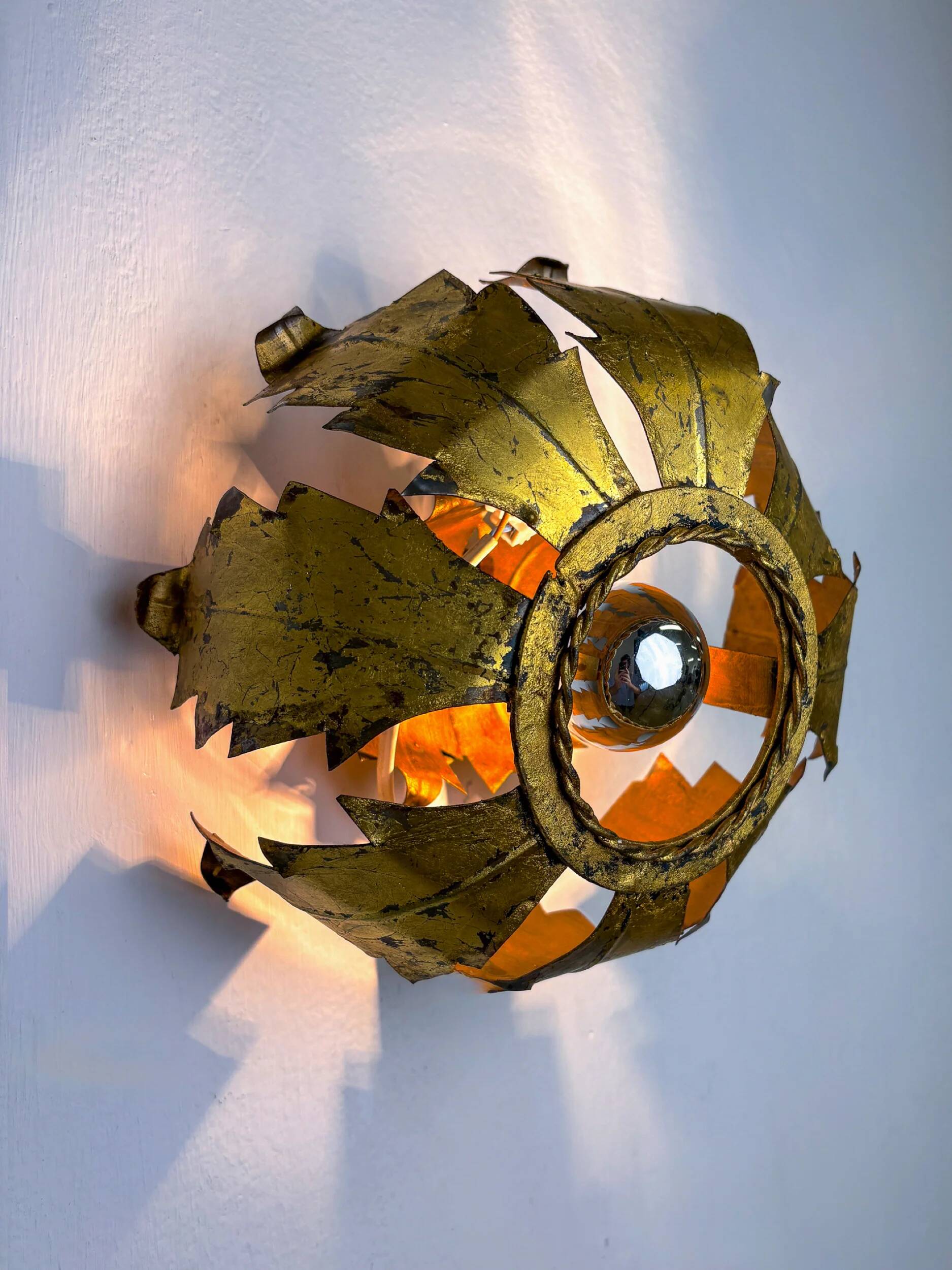 Spanish sunburst ceiling light fixture or sconce in gilt iron, 1970s