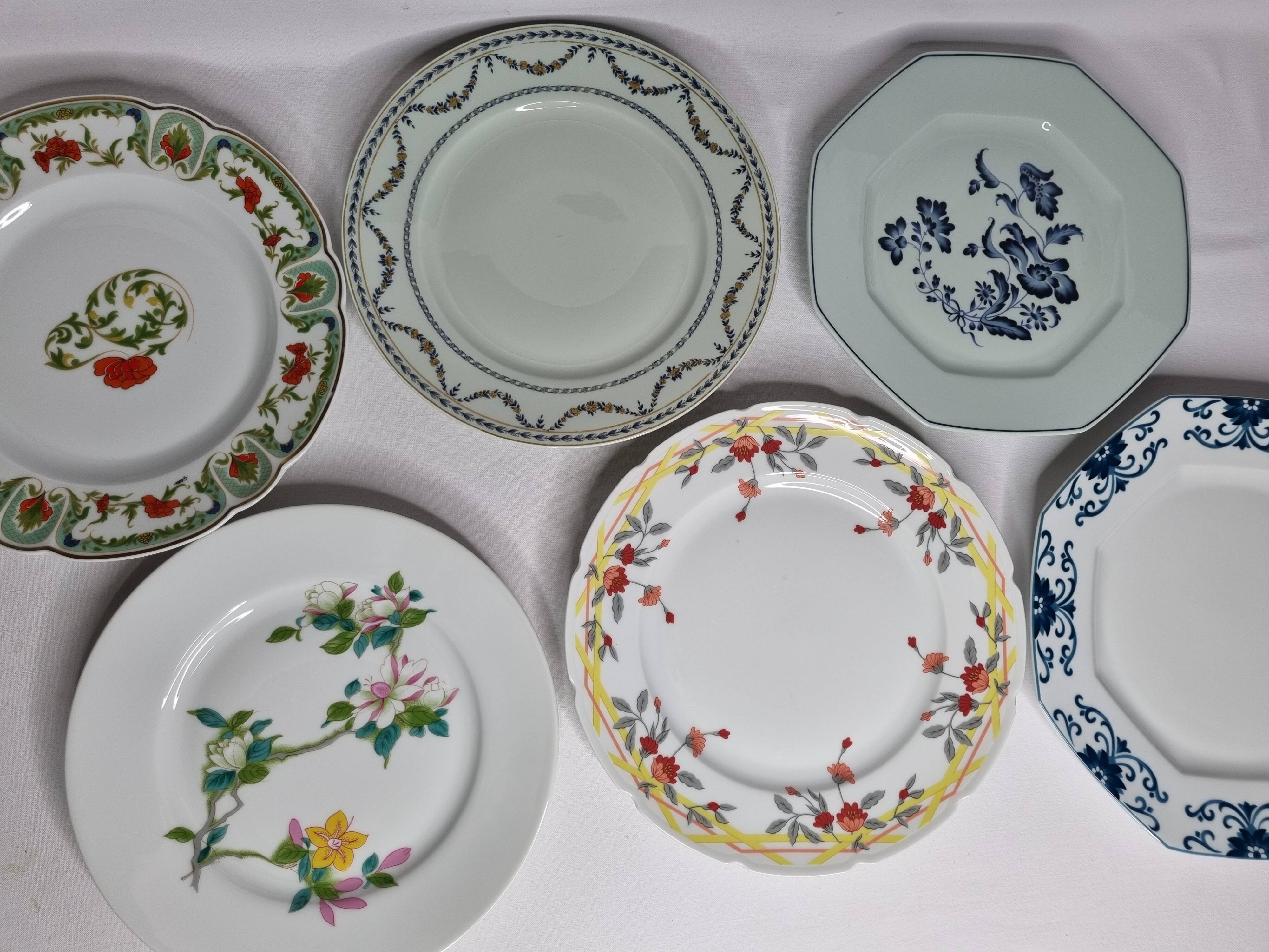 Set of 6 decorative French porcelain plates, floral and traditional designs, 25 cm