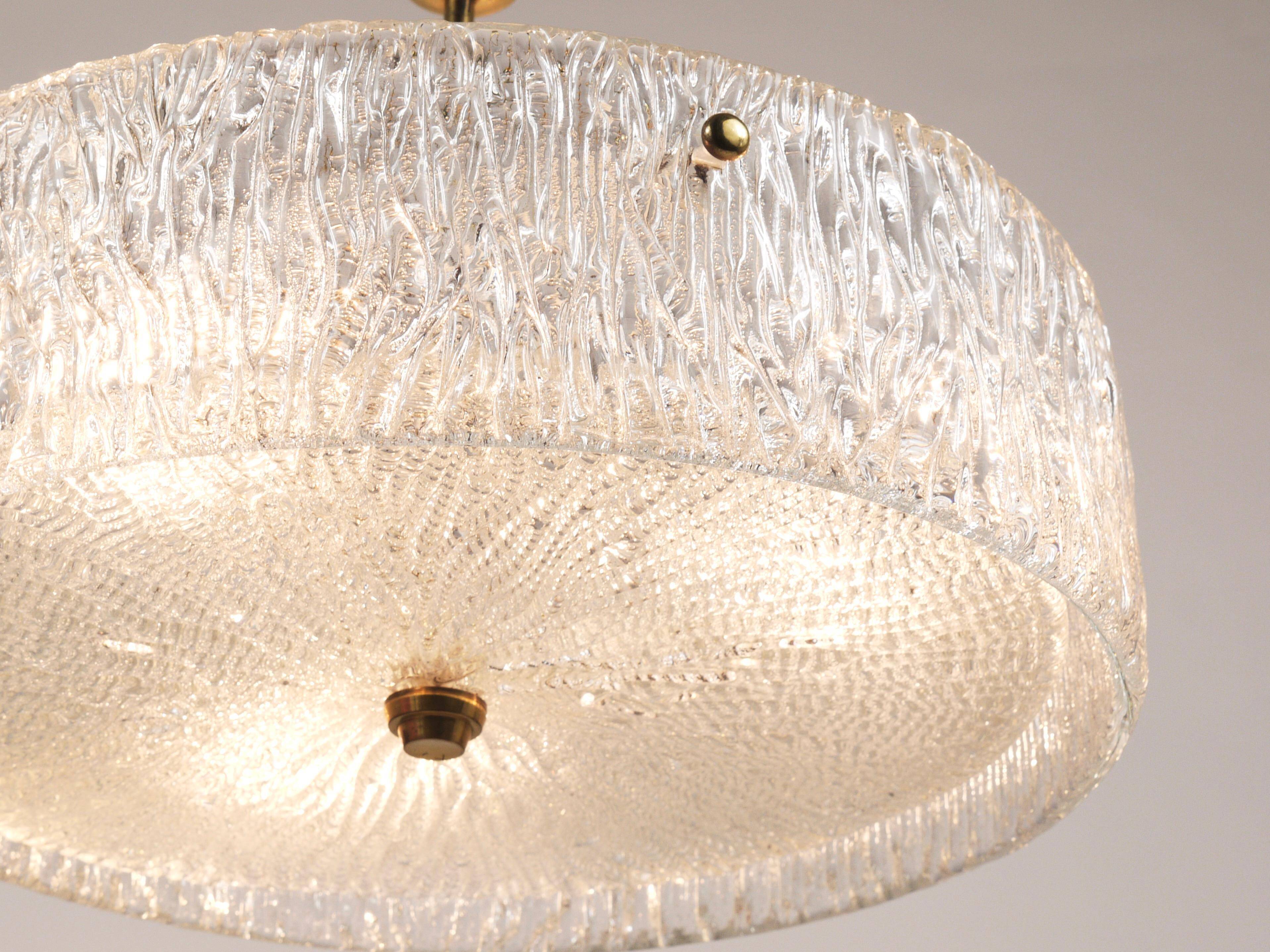 J.T. Kalmar Lustre pendant light in brass and textured glass, 1950s