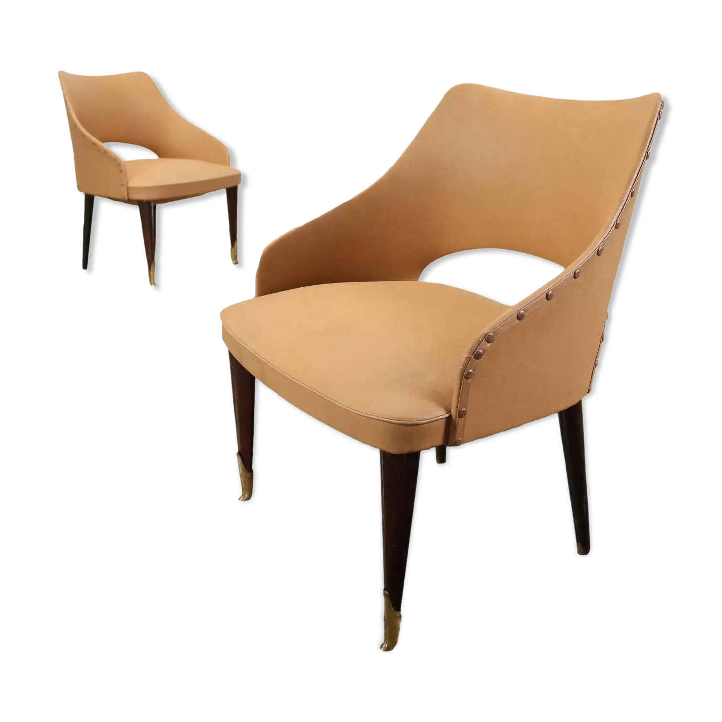 Pair of vintage armchairs from the 50s-60s in ebony wood, brass, with padded seats.