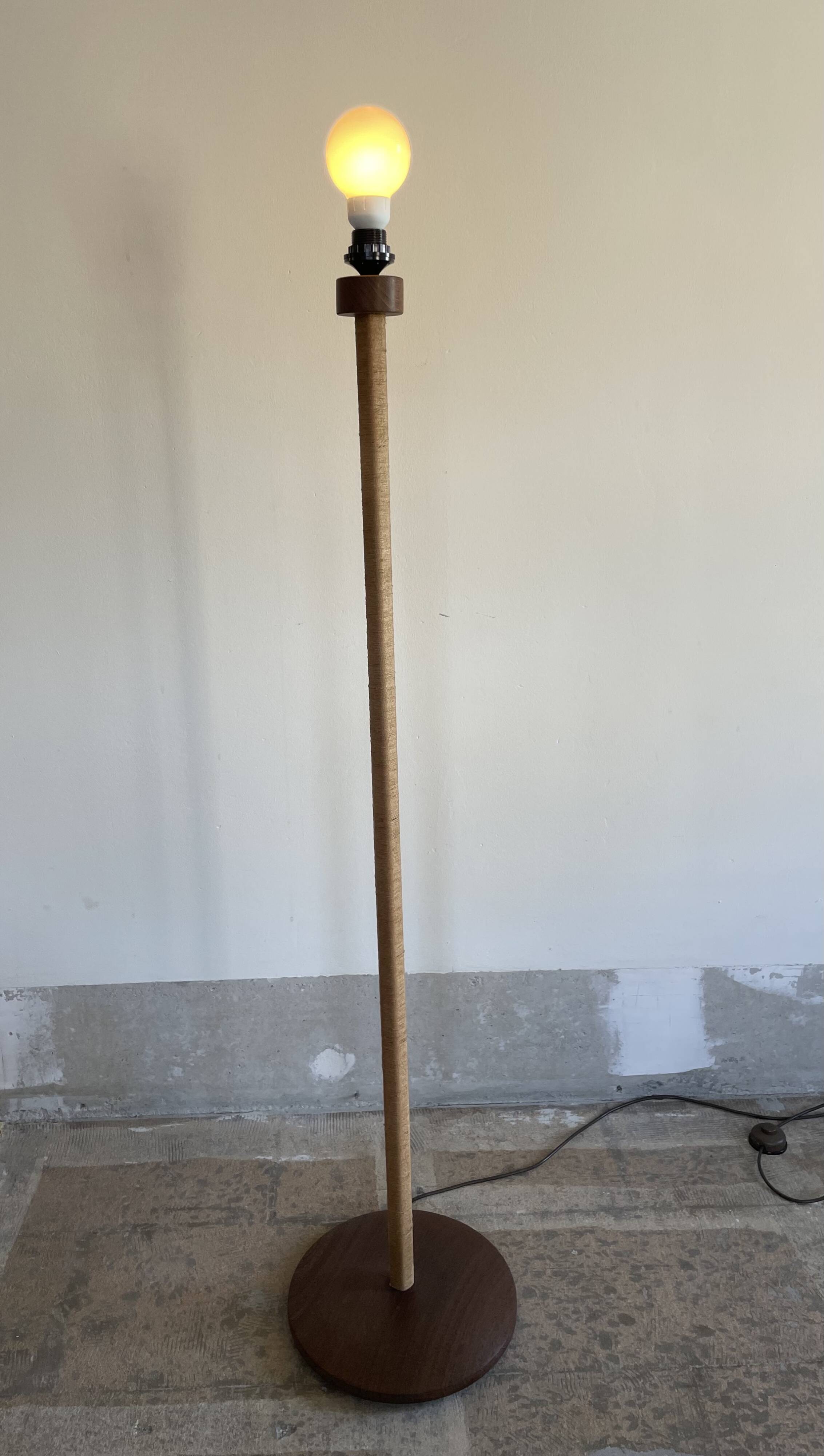 Teak base with raffia and a big papercord lampshade