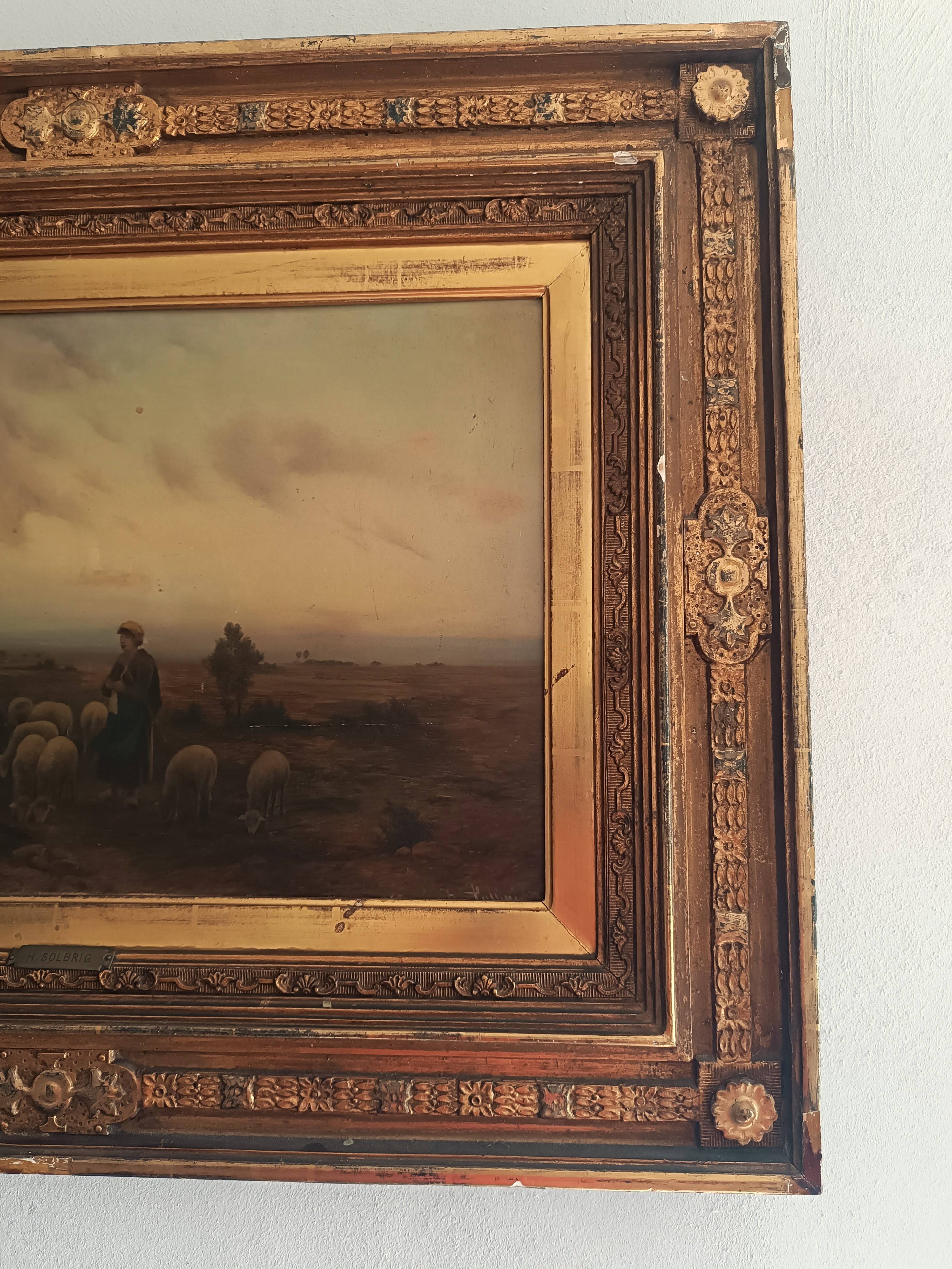 Hermann solbrig (1853-1942) painting, oil on panel, shepherdess and her troupe