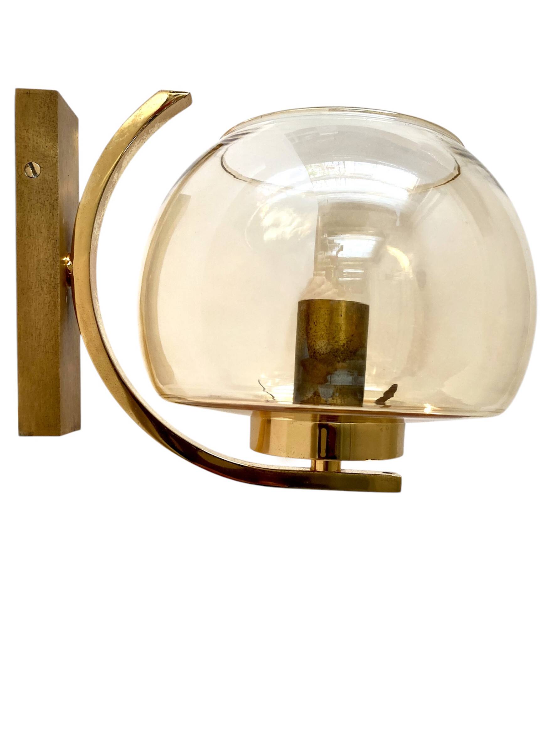 Brass and smoked glass arc wall lights. 1970