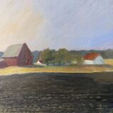 1992 Vintage Modernist Swedish "Sunset Fields" Rural Landscape Oil Painting, Framed