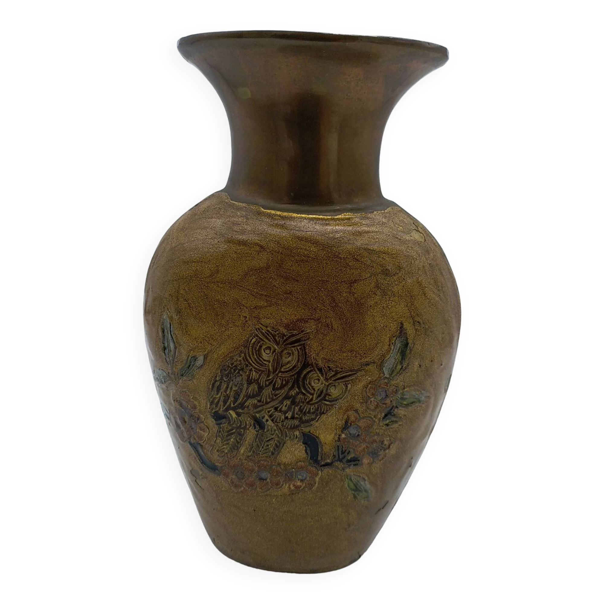 Enamelled brass vase decorated with owls.