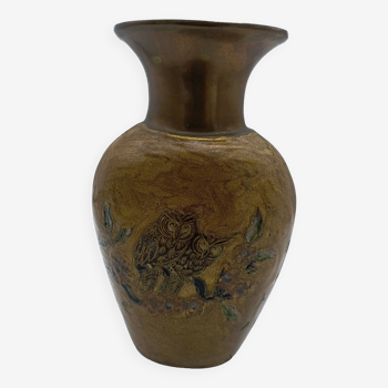 Enamelled brass vase decorated with owls.