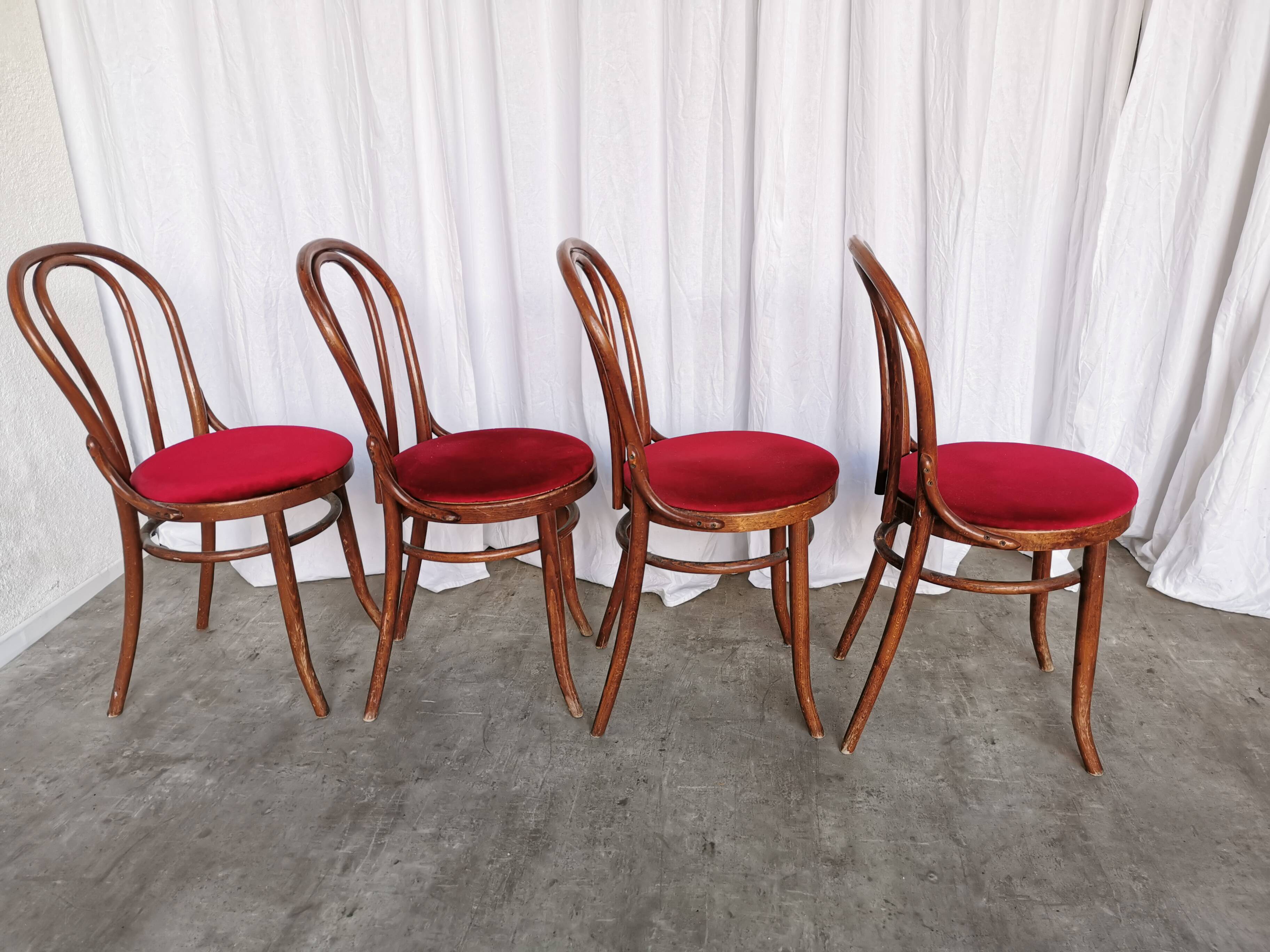 Set of 4 Vintage Bentwood Bistro Chairs, Red Upholstery