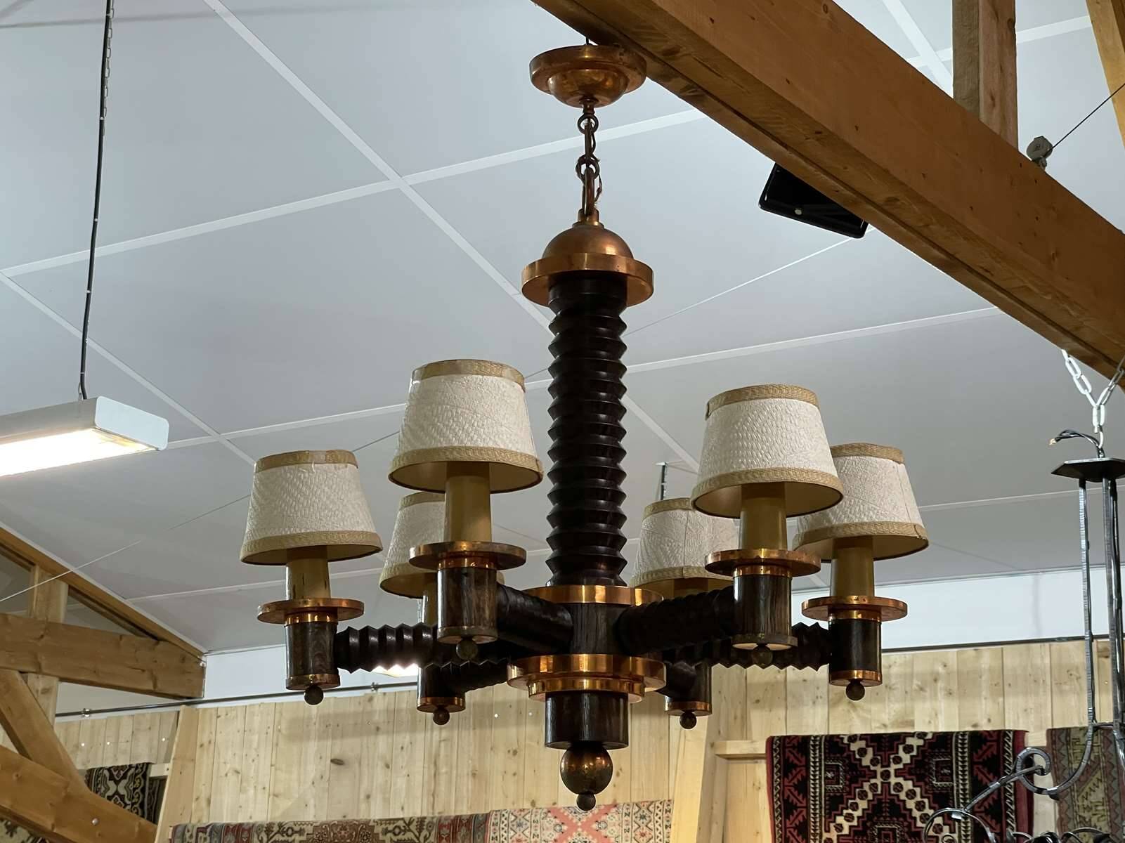 6-light oak chandelier from the 50s