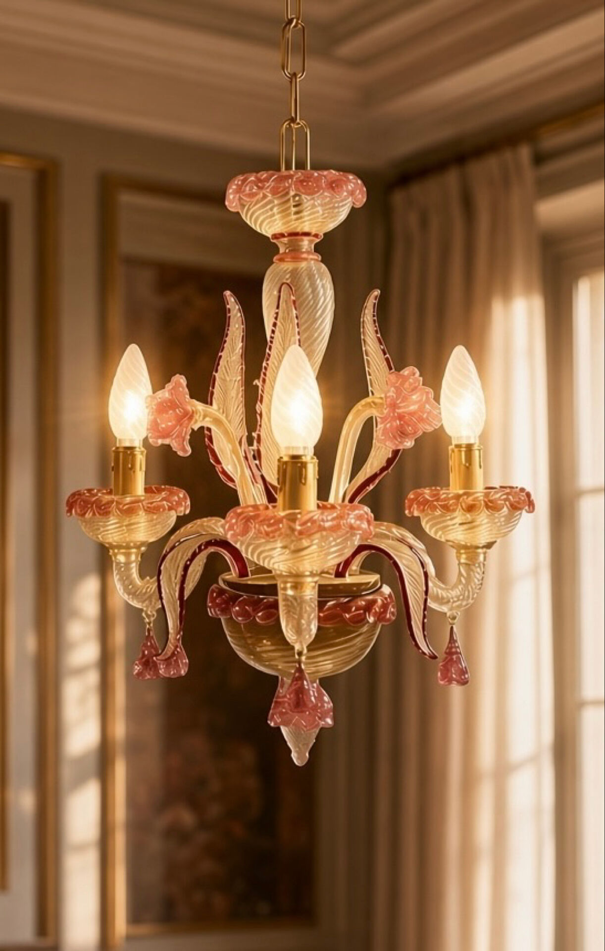 Venetian Pink Murano Glass Chandeliers Set of 2, 1960s