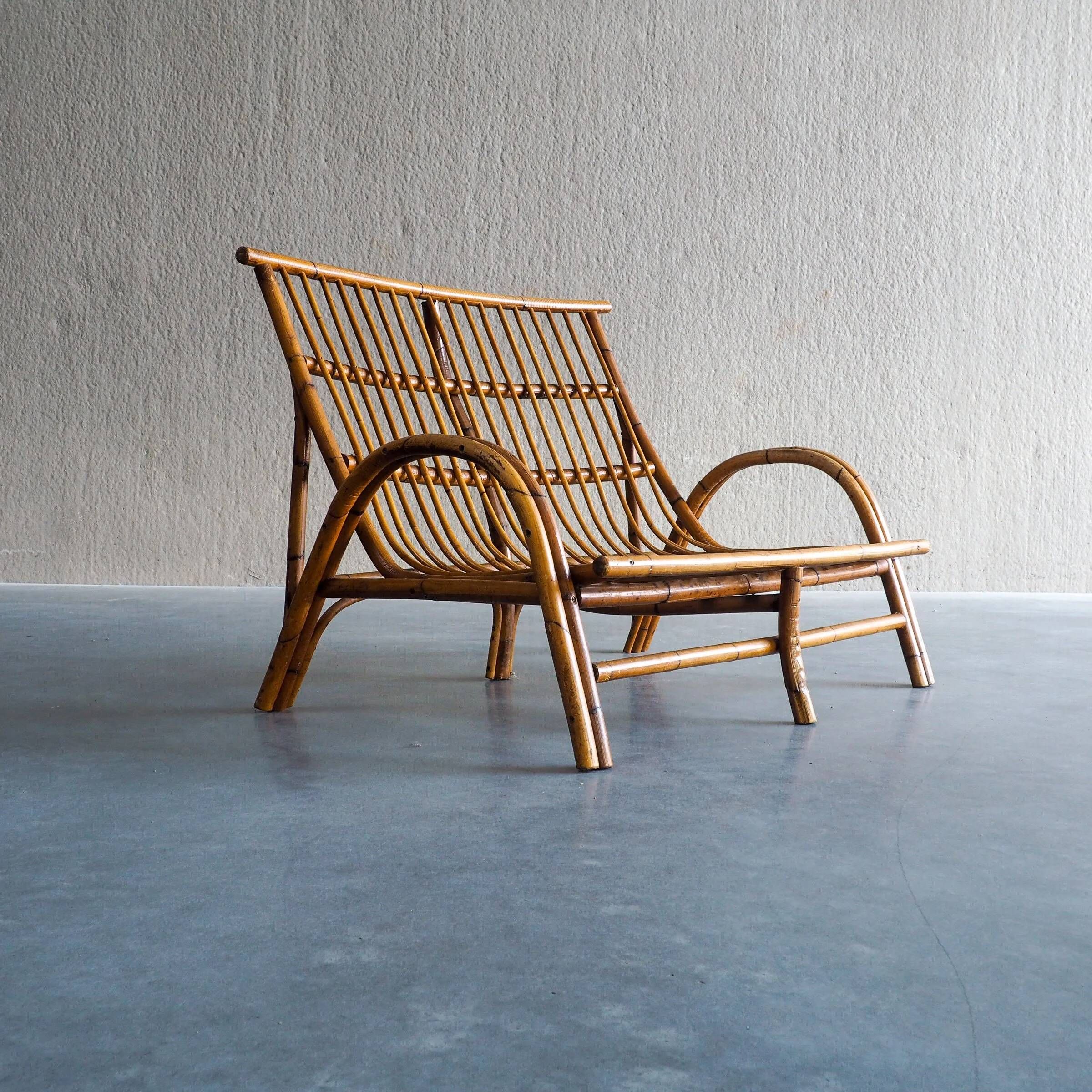 Mid-century rattan & bamboo two-seater lounge sofa