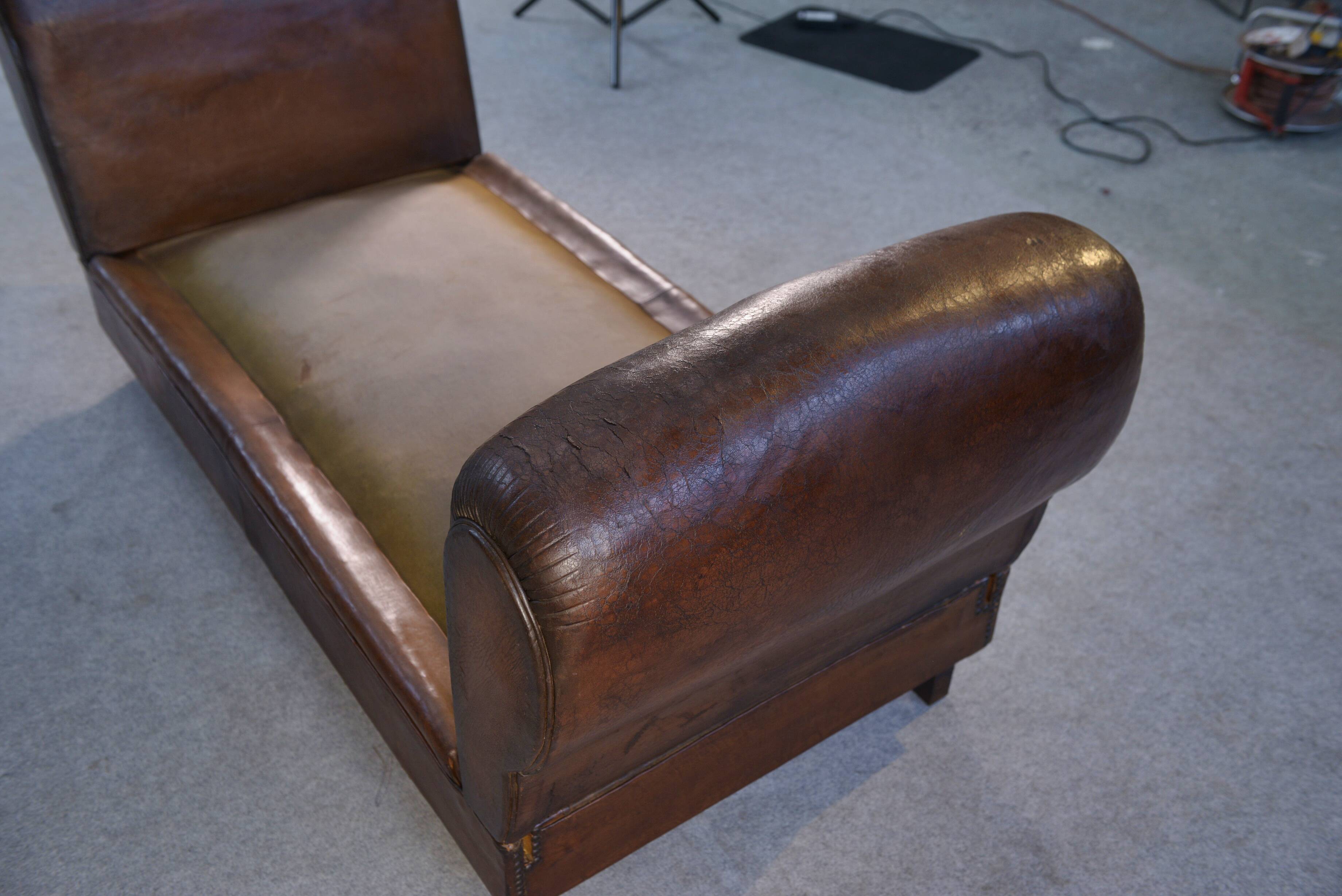 1920s convertible leather club bench with velvet seats