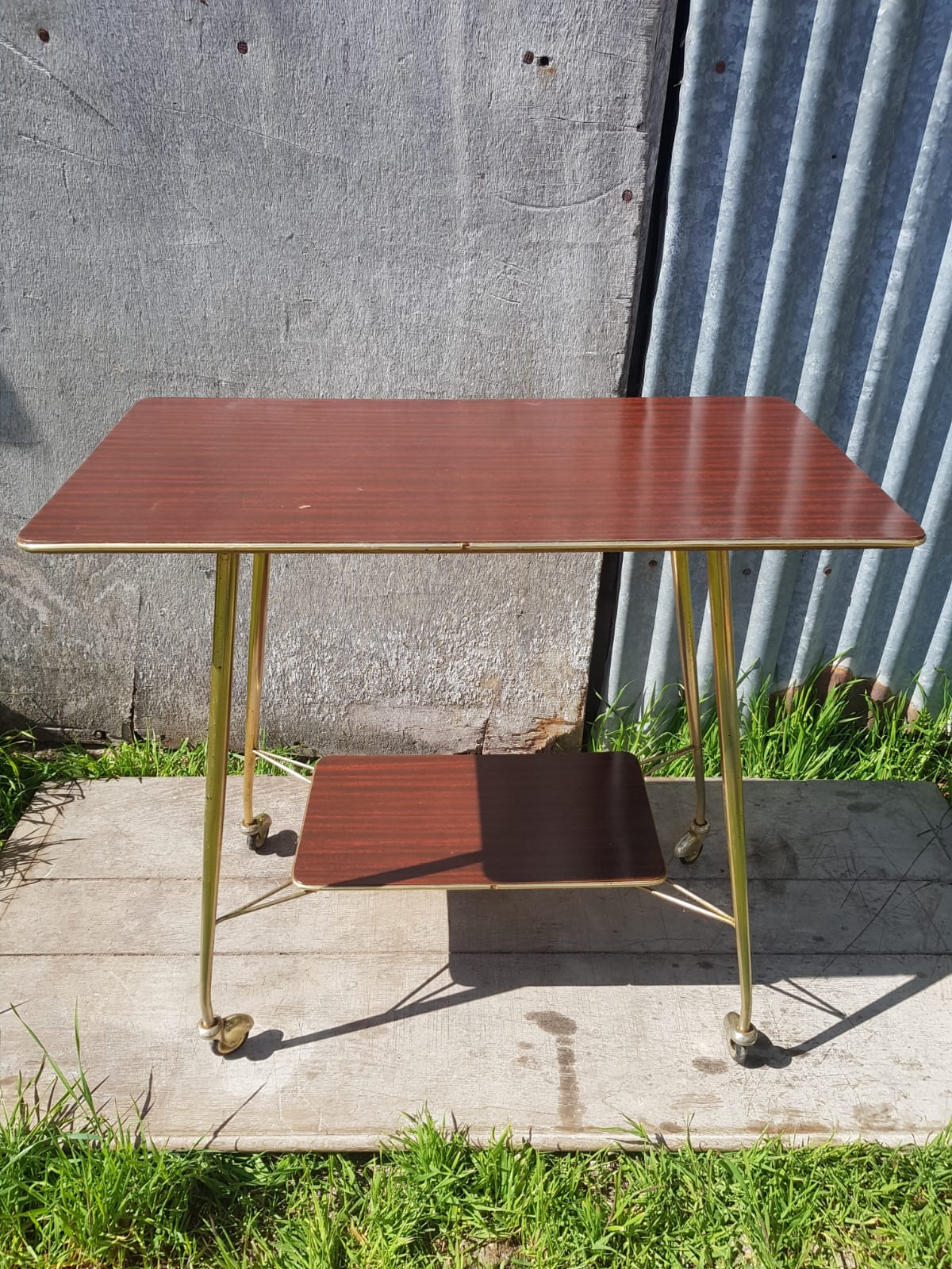 Ancient Dessert Table On Roulettes Golden Metal - Formica 70s Vintage
