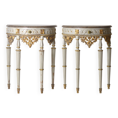 Tables Console Demi-Lune Sculptées et Peintes, Italie, 1940s, Set de 2