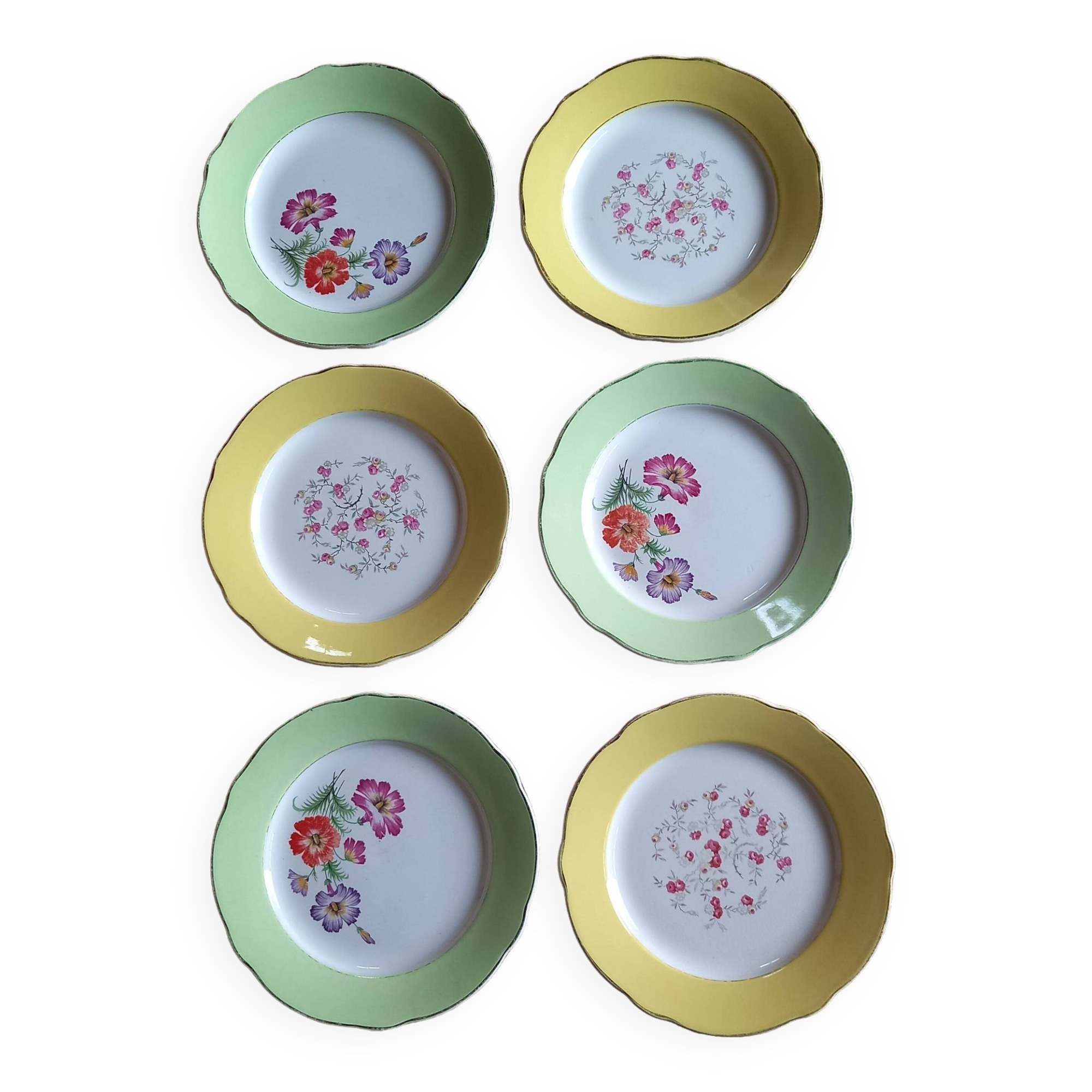 Lot 6 flat plates Flowers Yellow Green Lunéville mismatched