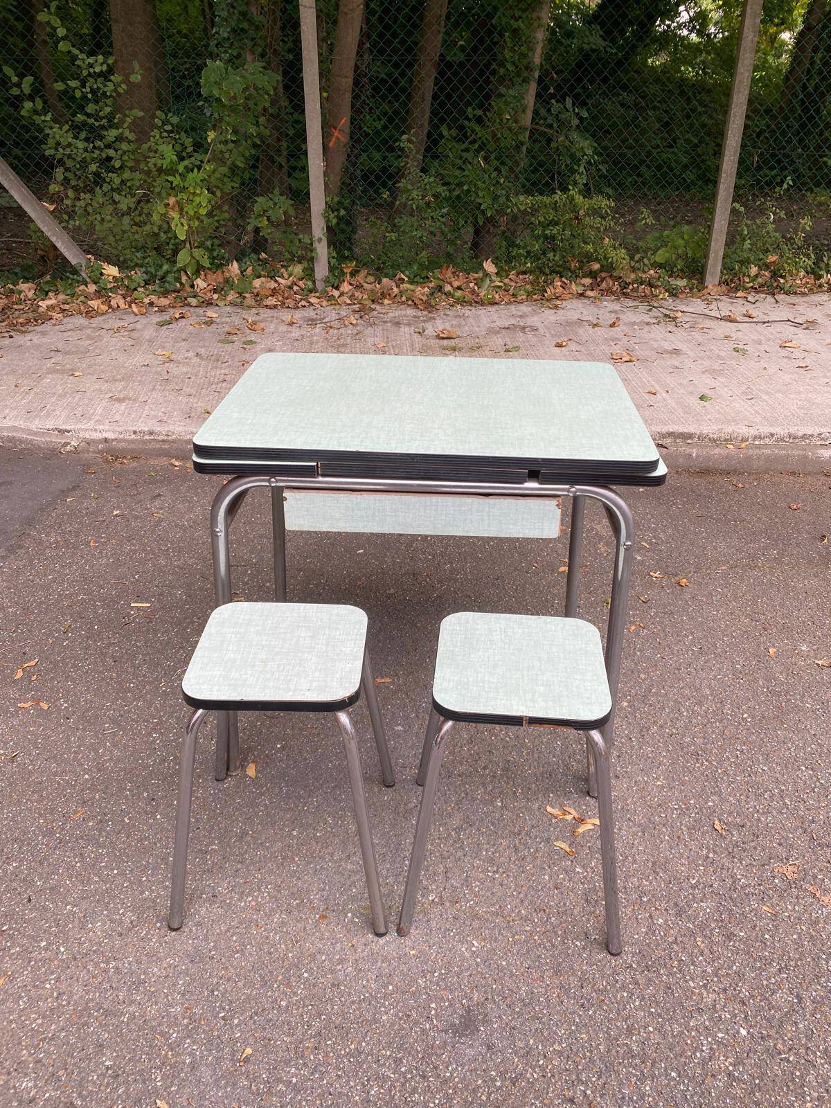 Pair of steel and formica stools, acqua green and steel