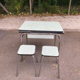 Pair of steel and formica stools, acqua green and steel