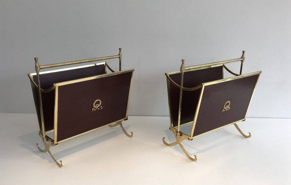Pair of mahogany and brass magazine racks. Maison Jansen