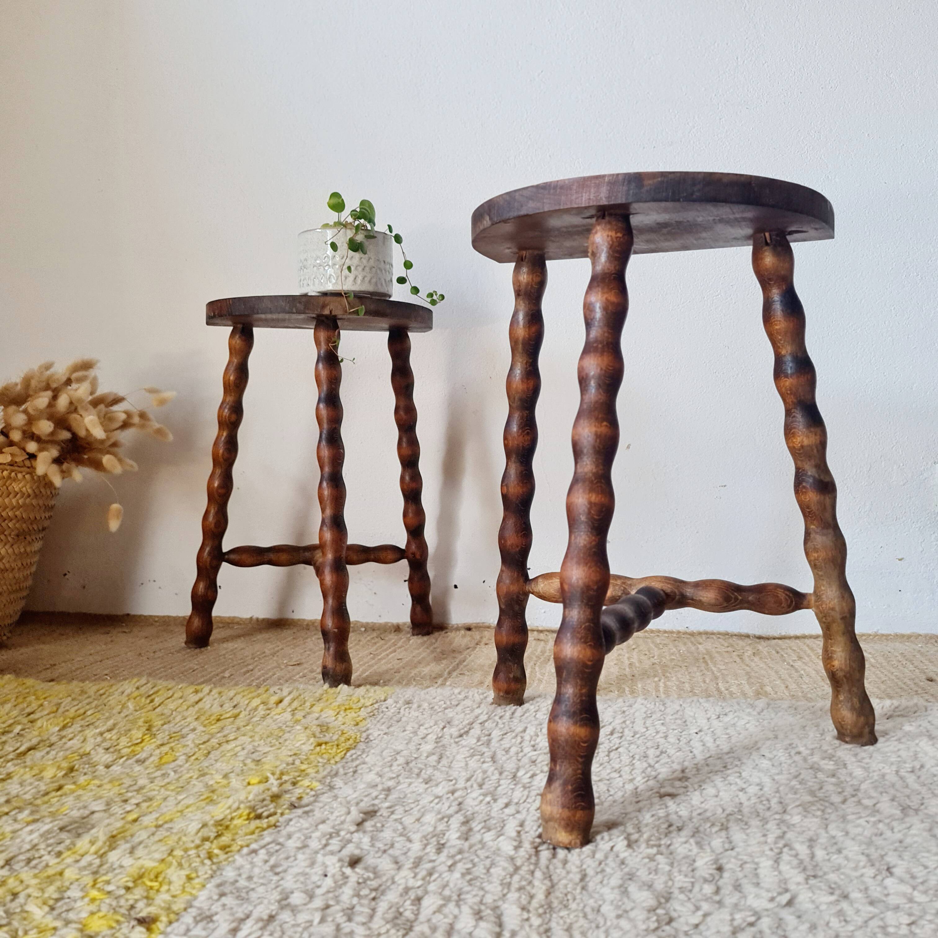 Wooden tripod stools - pair of turned leg bedside tables