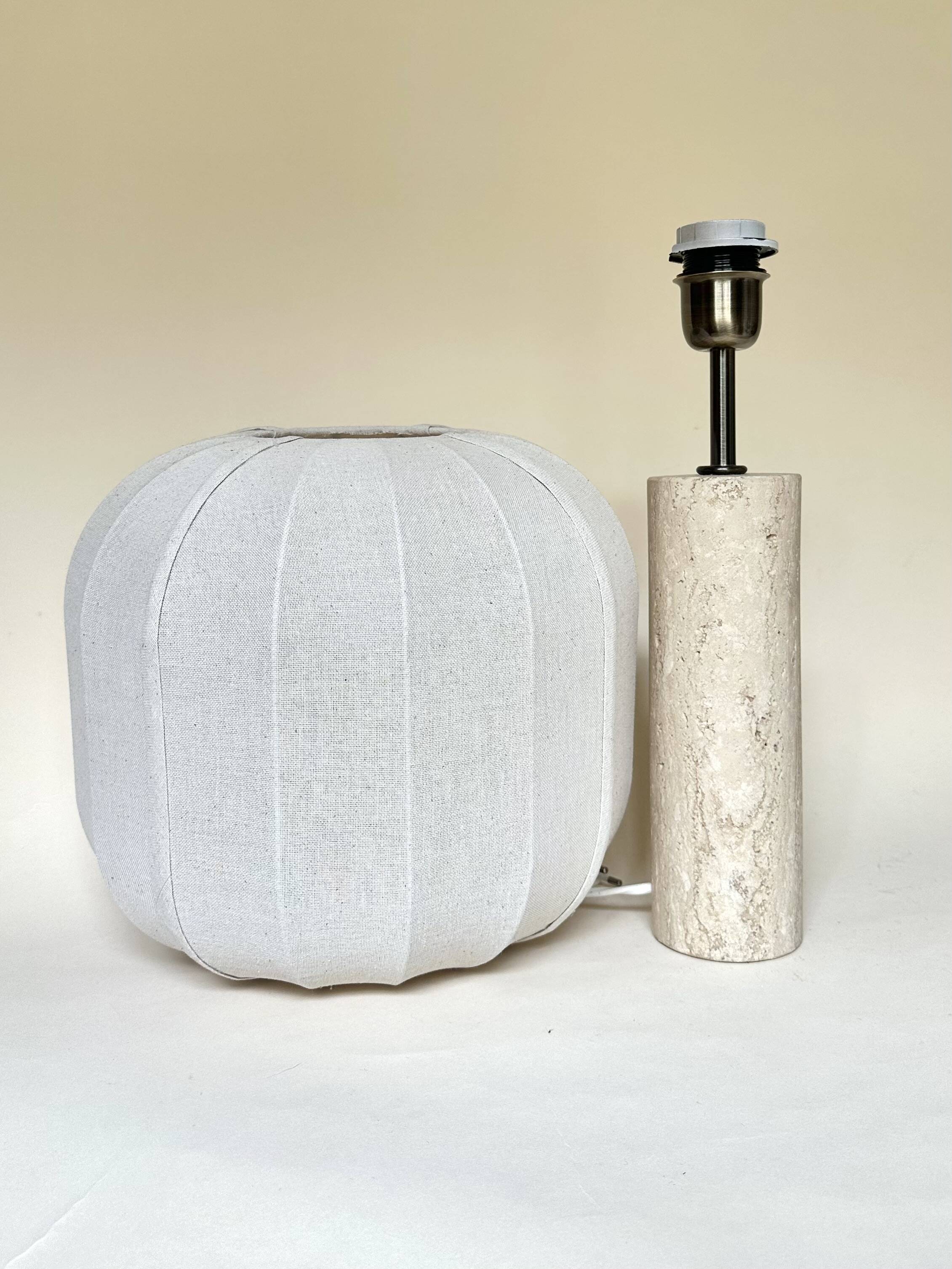 Travertine lamp with round linen shade