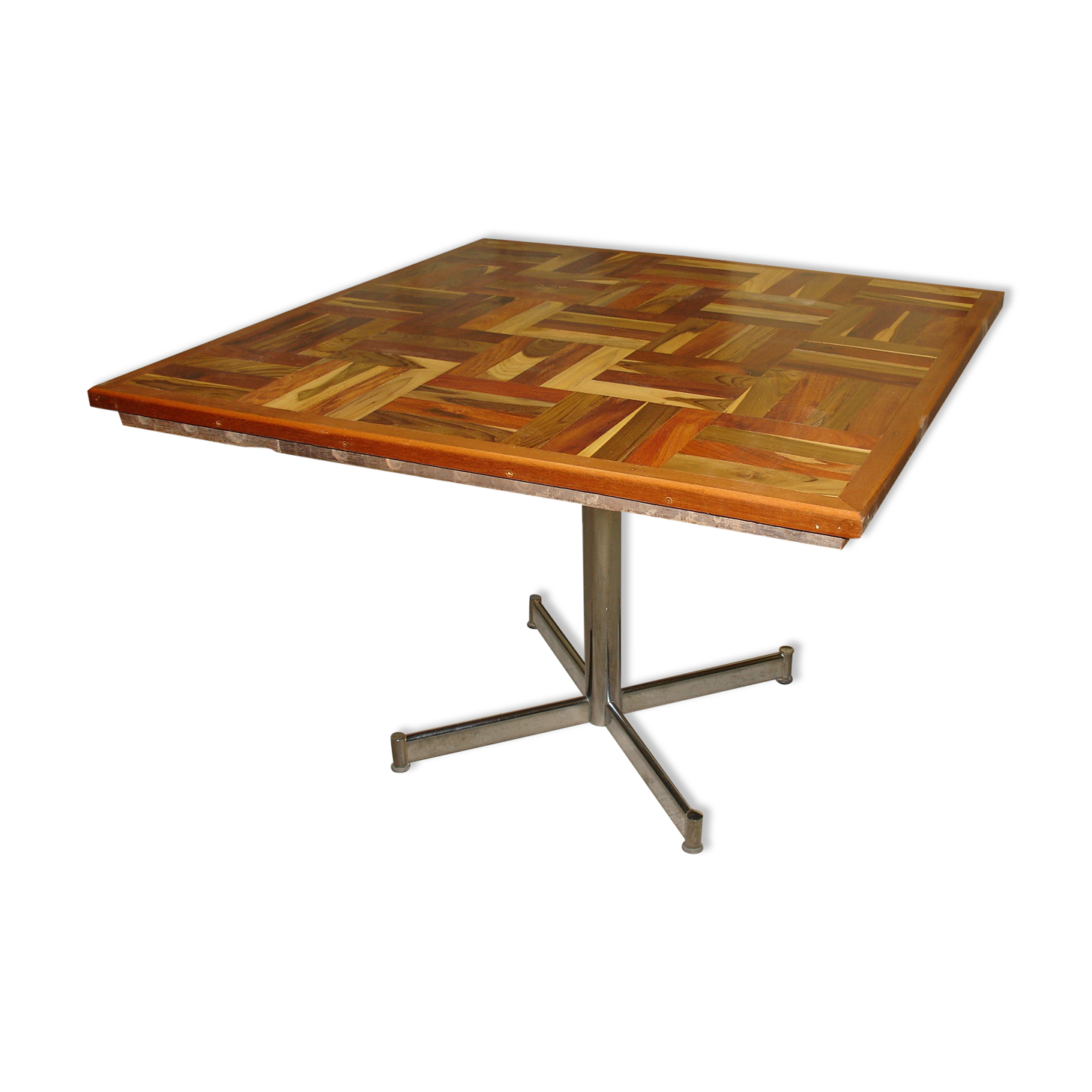 Square table in solid wood mosaic with chrome base, circa 1970