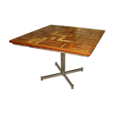Square table in solid wood mosaic and foot chrome around 1970