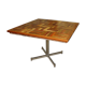 Square table in solid wood mosaic with chrome base, circa 1970