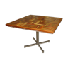 Table carré en mosaique de bois massif et pied chromé vers 1970