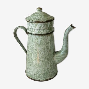 Cafetiere emaillée en tole decor marbre blanc et vert