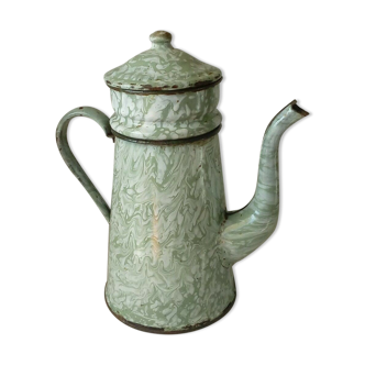 Cafetiere emaillée en tole decor marbre blanc et vert