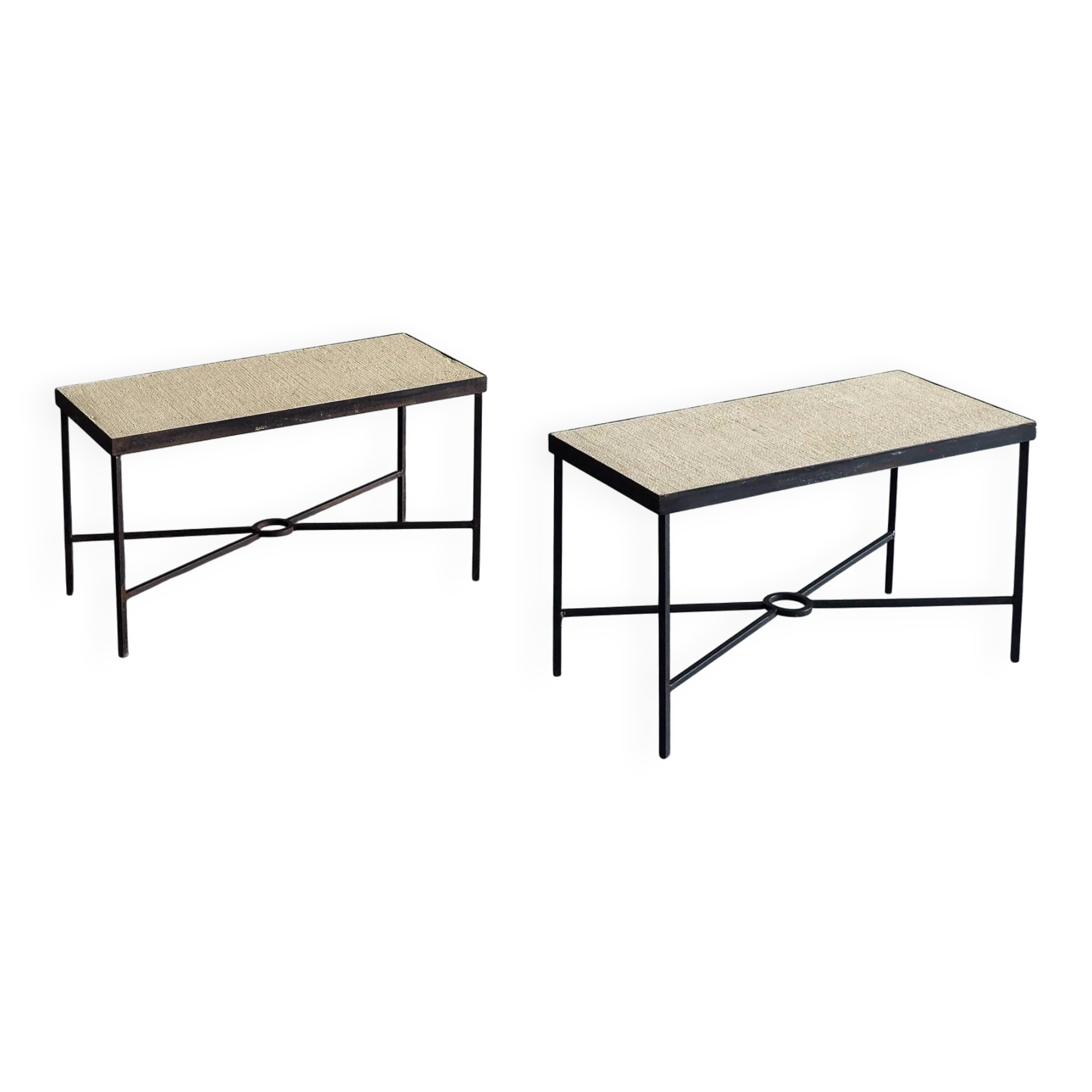 Set of 2 minimalist metal side tables with plaster-fiber tops