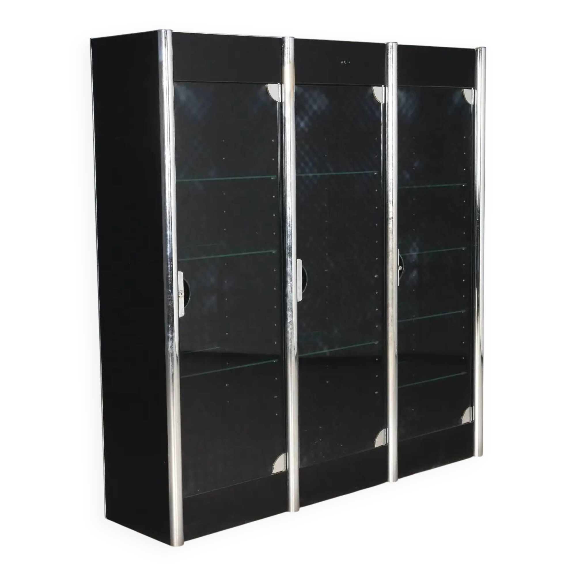 Vitrine vintage en métal chromé et verre fumé, design années 1970