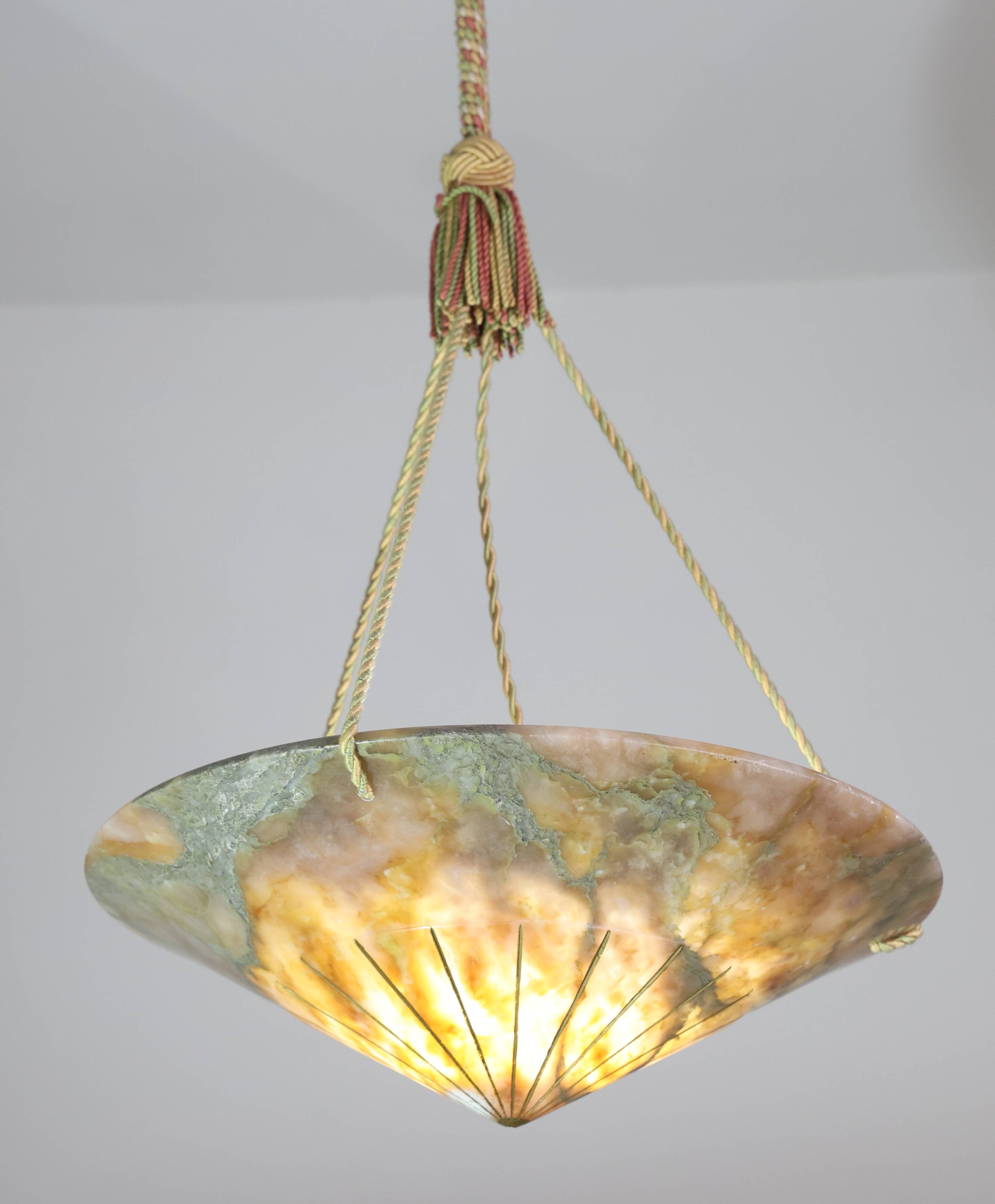 Extra Large Antique Art Decò Liberty Alabaster Chandelier, 1940s