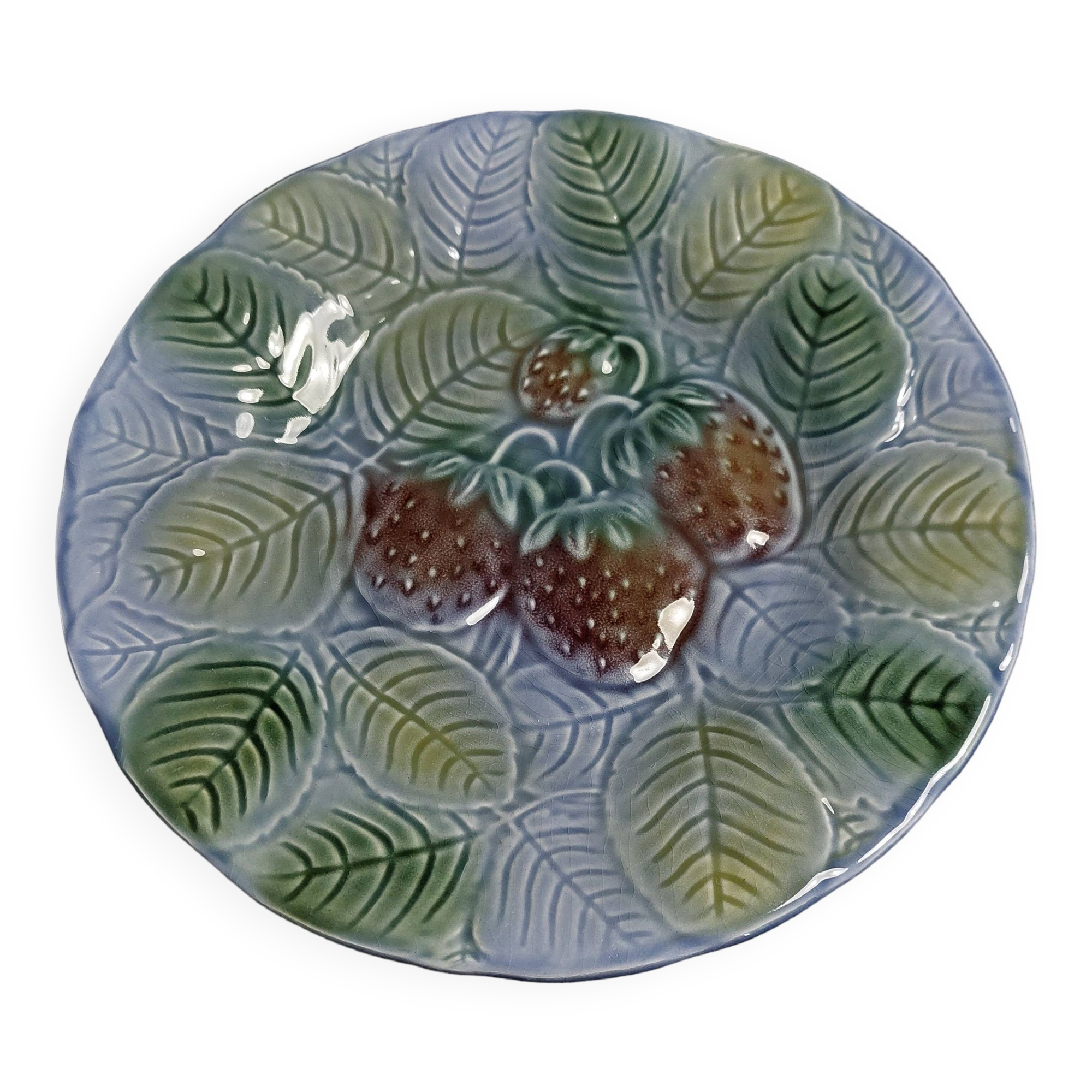 Strawberry barbotine plate Salins les Bains 20th century