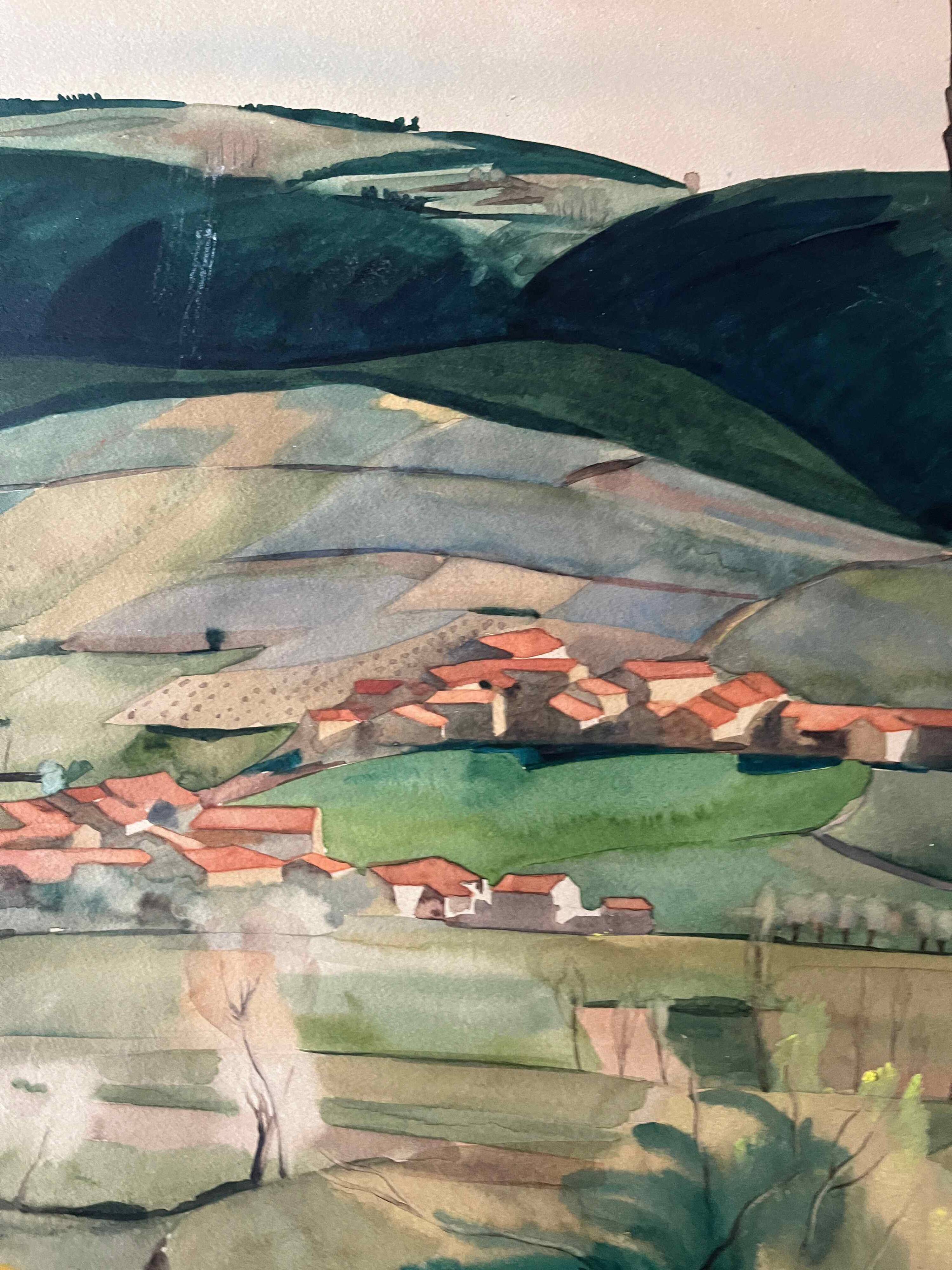 Large Watercolor Painting "Le Hameau" post-cubist landscape signed J. Ley 1943