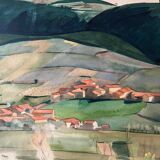 Large Watercolor Painting "Le Hameau" post-cubist landscape signed J. Ley 1943