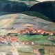 Large Watercolor Painting "Le Hameau" post-cubist landscape signed J. Ley 1943