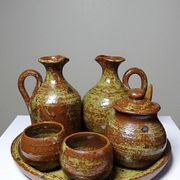 Vintage condiment service in glazed pyrite stoneware, artisanal Baudat La Borne style.