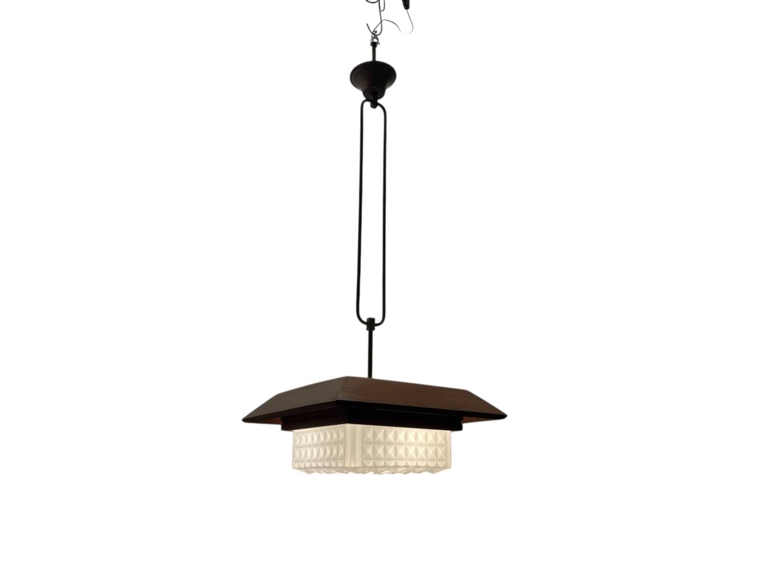 1950s Wood, Bronze & Opaline Glass Pendant Light