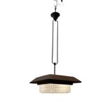 1950s Wood, Bronze & Opaline Glass Pendant Light