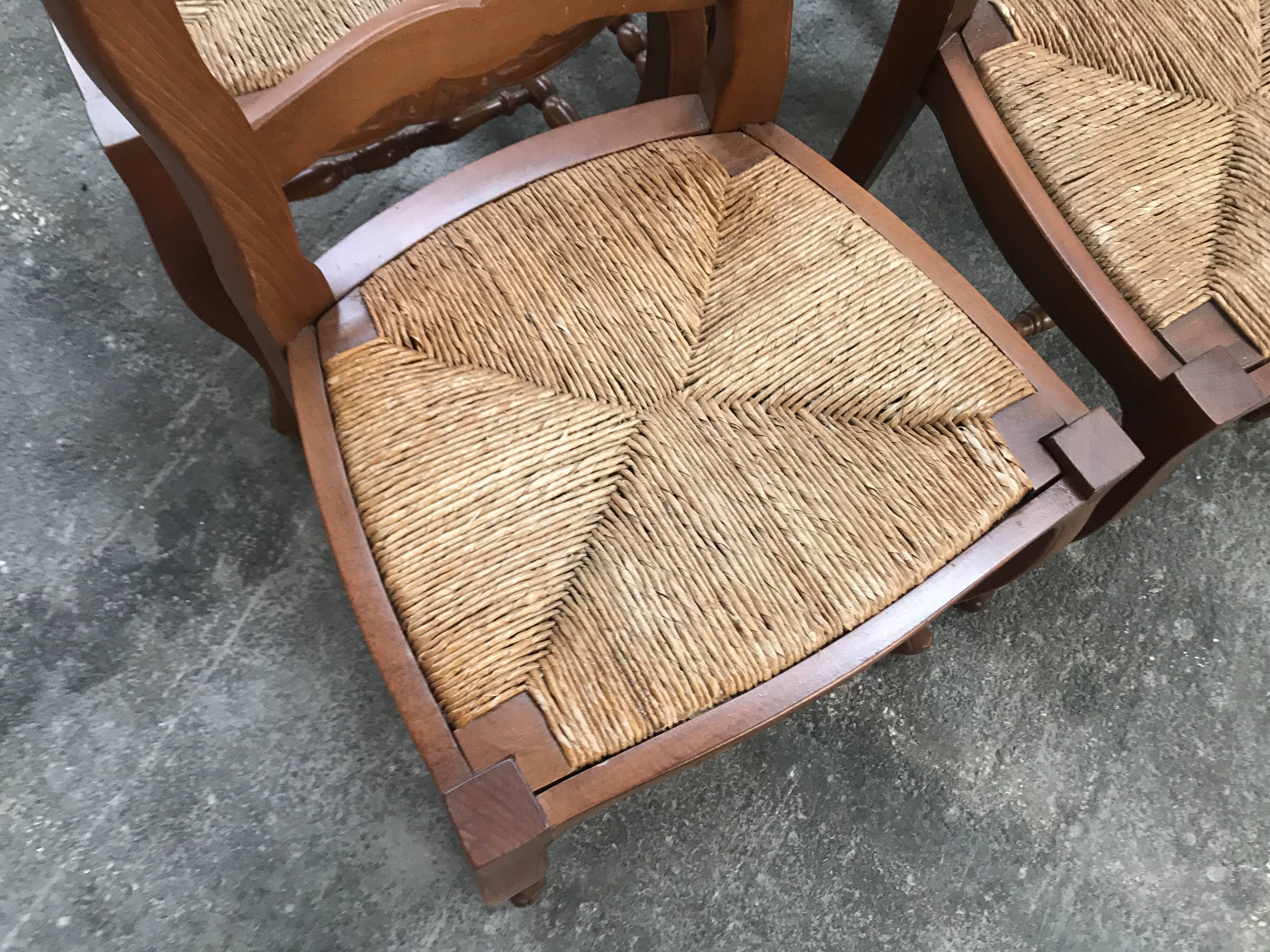 Suite of 6 rustic mulched chairs Louis XV solid cherry