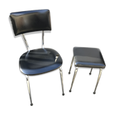 Chaise et son tabouret métal chromé skai noir années 70