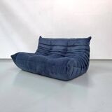 French Togo 2-seater sofa in blue corduroy attributed to Michel Ducaroy for Ligne Roset, 1970s