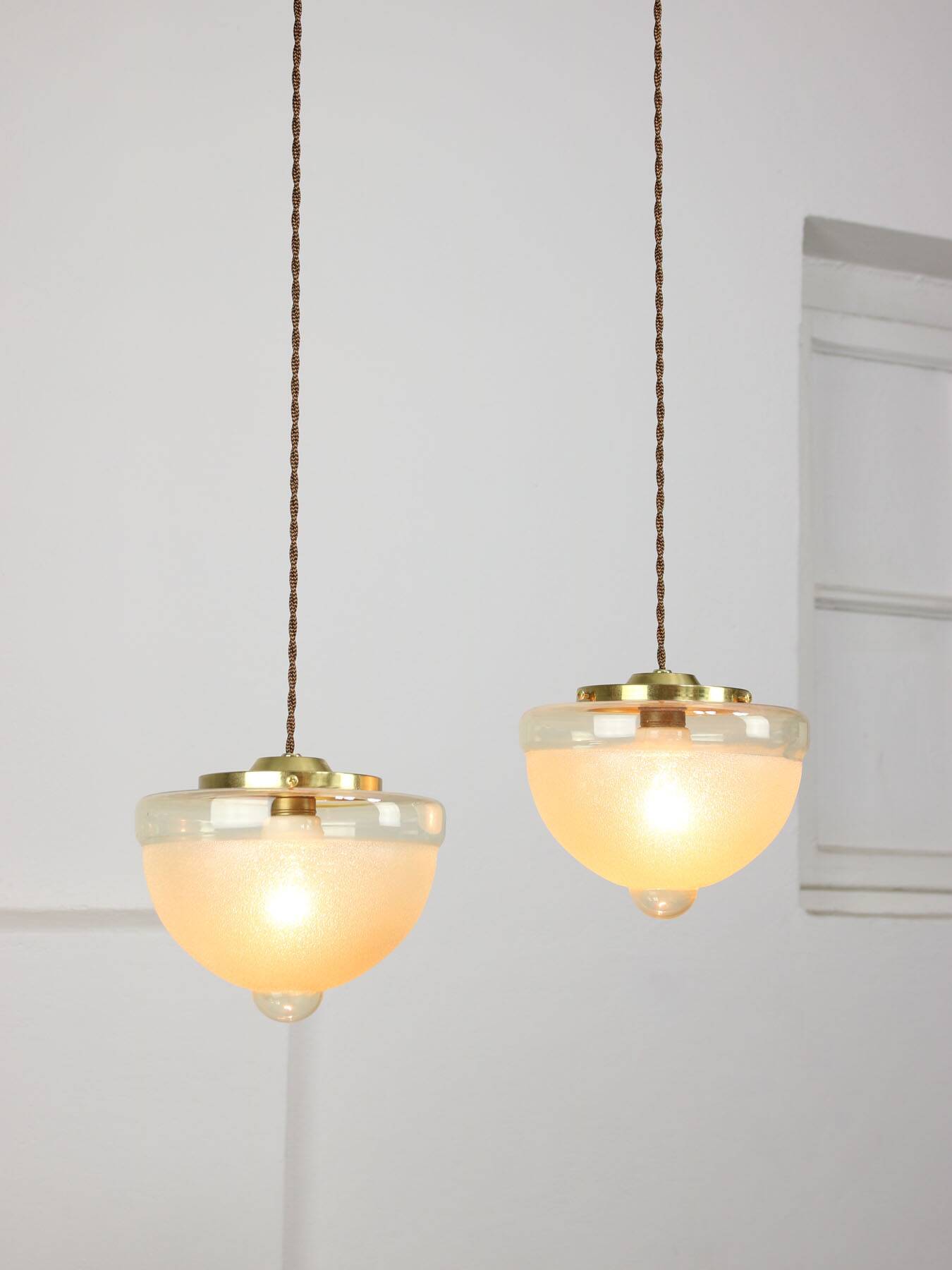 Mid-century Italian Brass and Glass Pendant Lamps, set of 2