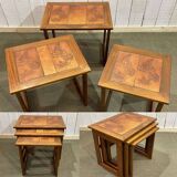 Set of 3 teak nesting tables with tiled top from the 70s