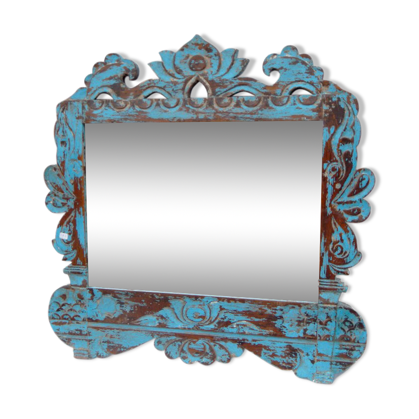Miroir mural sculpté en bleu fait de vieux teck