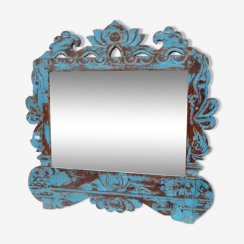 Blue sculptural mirror in old wooden teak