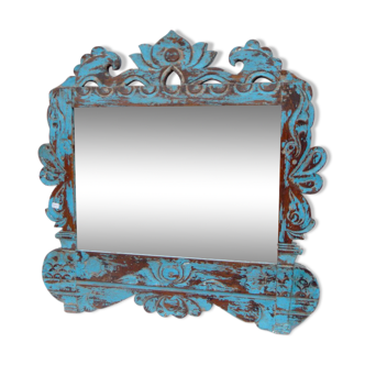 Blue sculptural mirror in old wooden teak