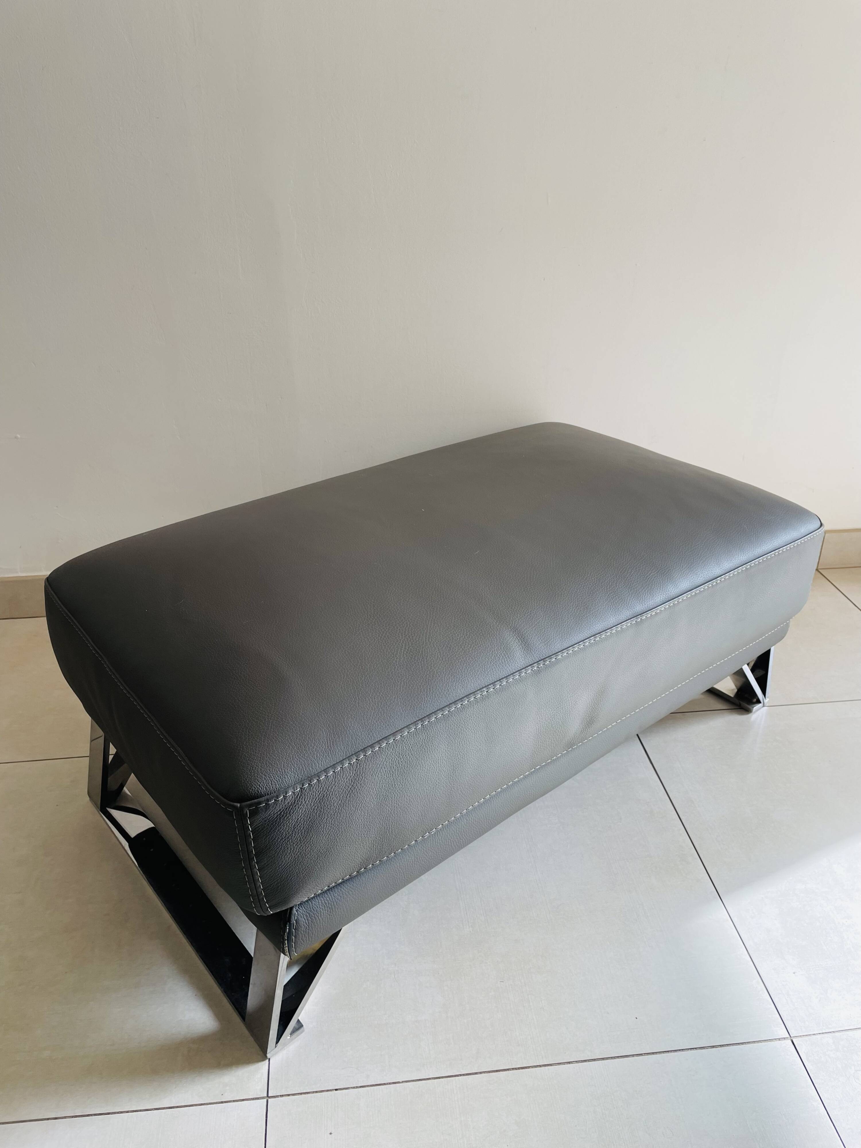 Large Roche Bobois leather pouf in gray color
