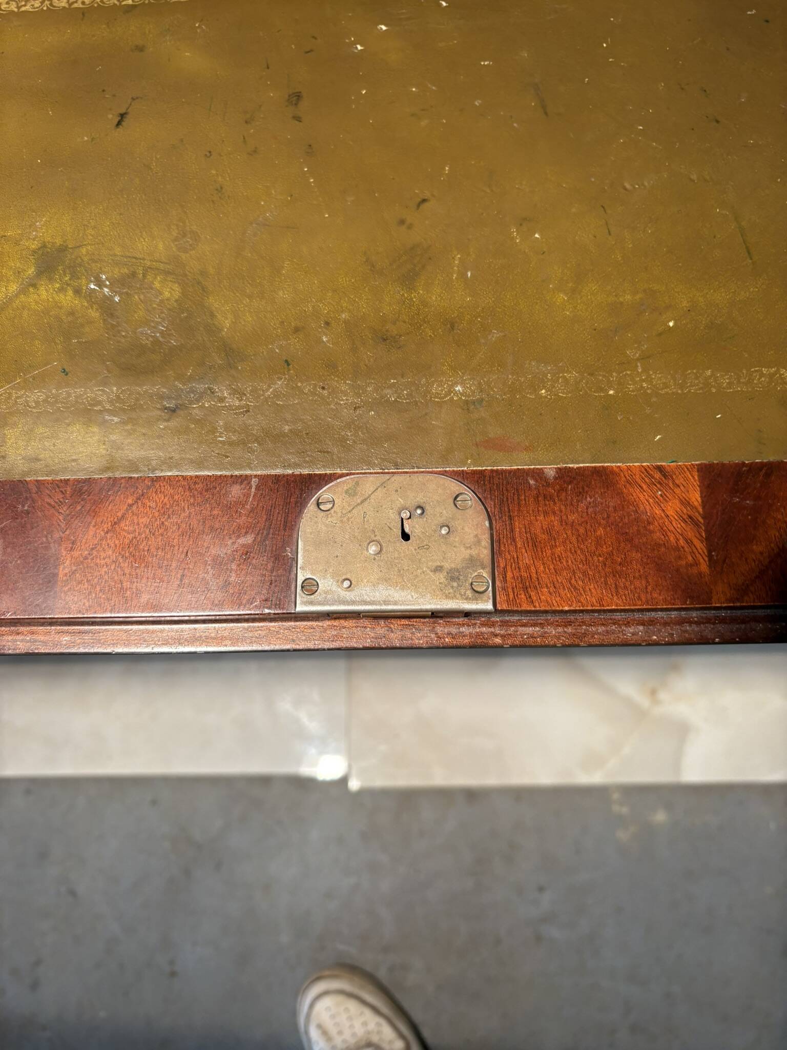 Antique mahogany secretary, upholstered flap and interior storage